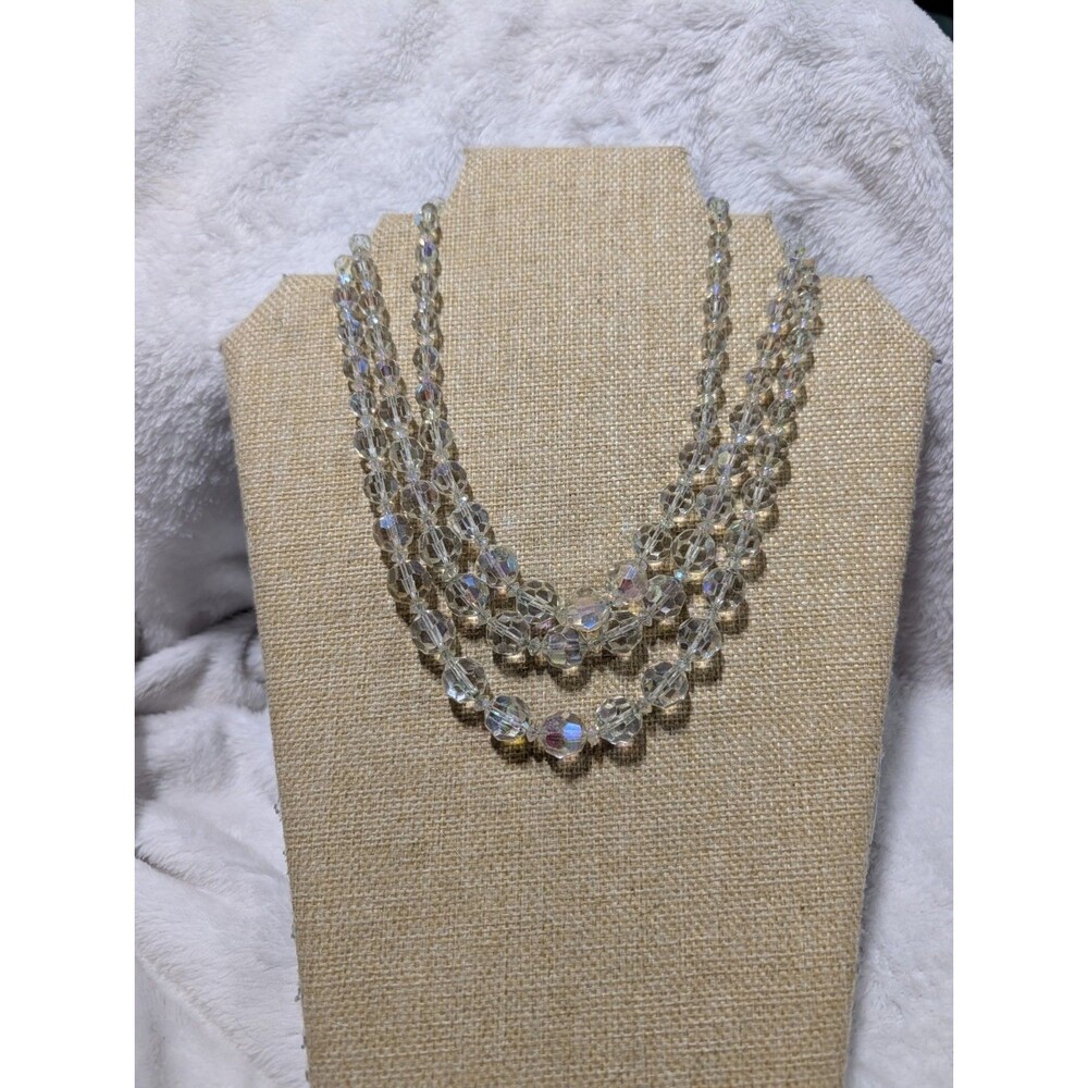 Vintage 1950s Aurora Borealis 3-Strand Faceted Crystal Bead Necklace